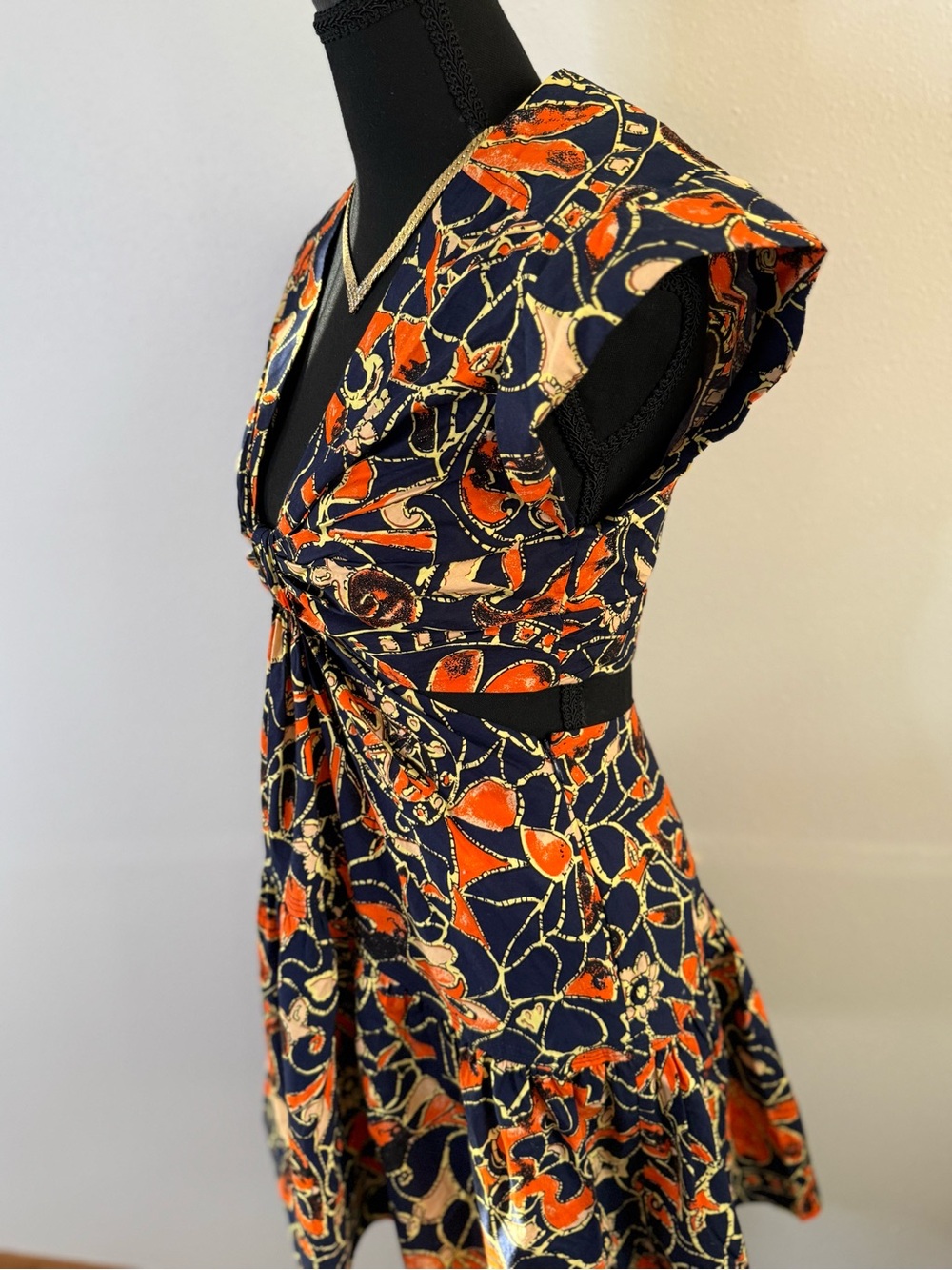 A.L.C. Printed Cotton Dress Size 2 Navy Orange Boho Tie Front Mini - Picture 7 of 11